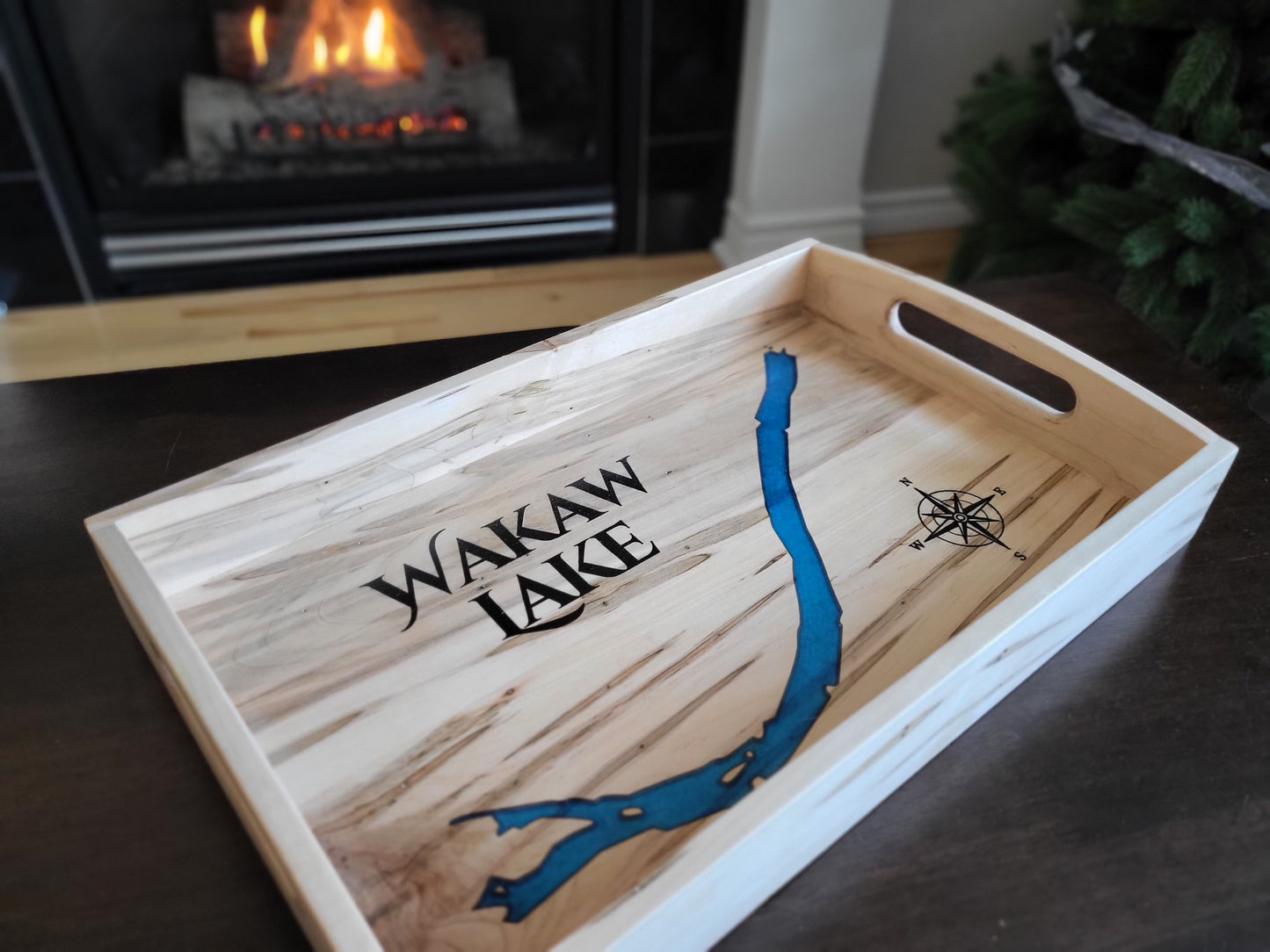 Side view of custom epoxy lake serving tray made in Saskatoon, Saskatchewan