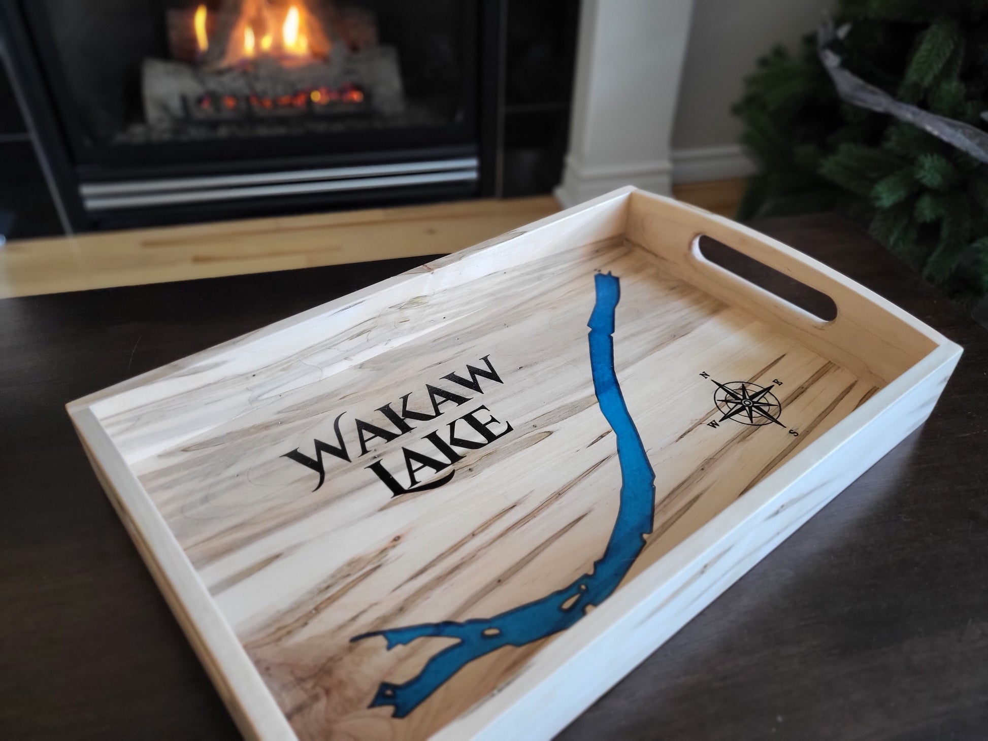 Side view of custom epoxy lake serving tray made in Saskatoon, Saskatchewan
