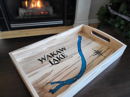 Side view of custom epoxy lake serving tray made in Saskatoon, Saskatchewan