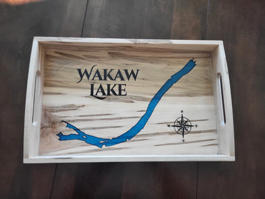Top view of custom epoxy lake serving tray made in Saskatoon, Saskatchewan