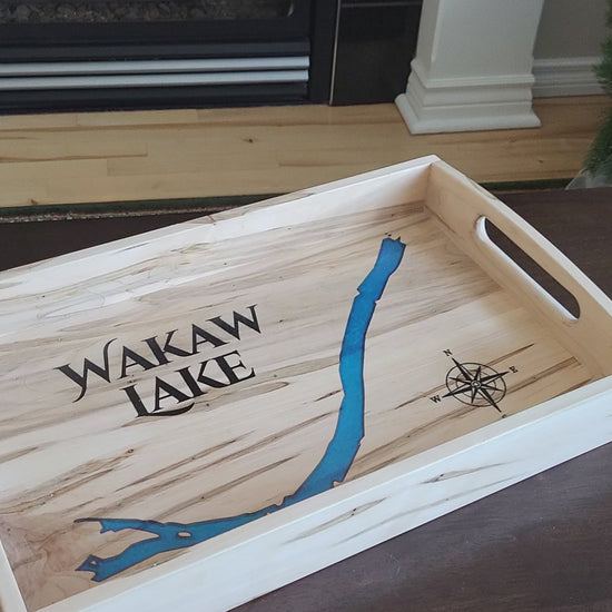 Video closeup of custom epoxy lake serving tray made in Saskatoon, Saskatchewan