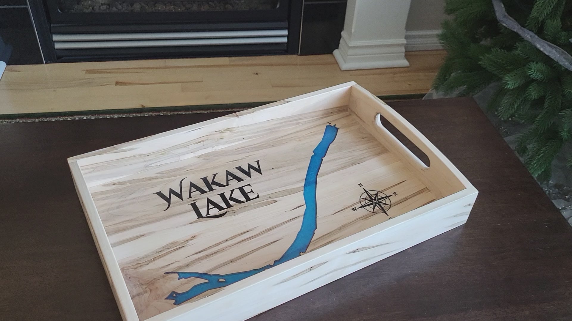 Video closeup of custom epoxy lake serving tray made in Saskatoon, Saskatchewan